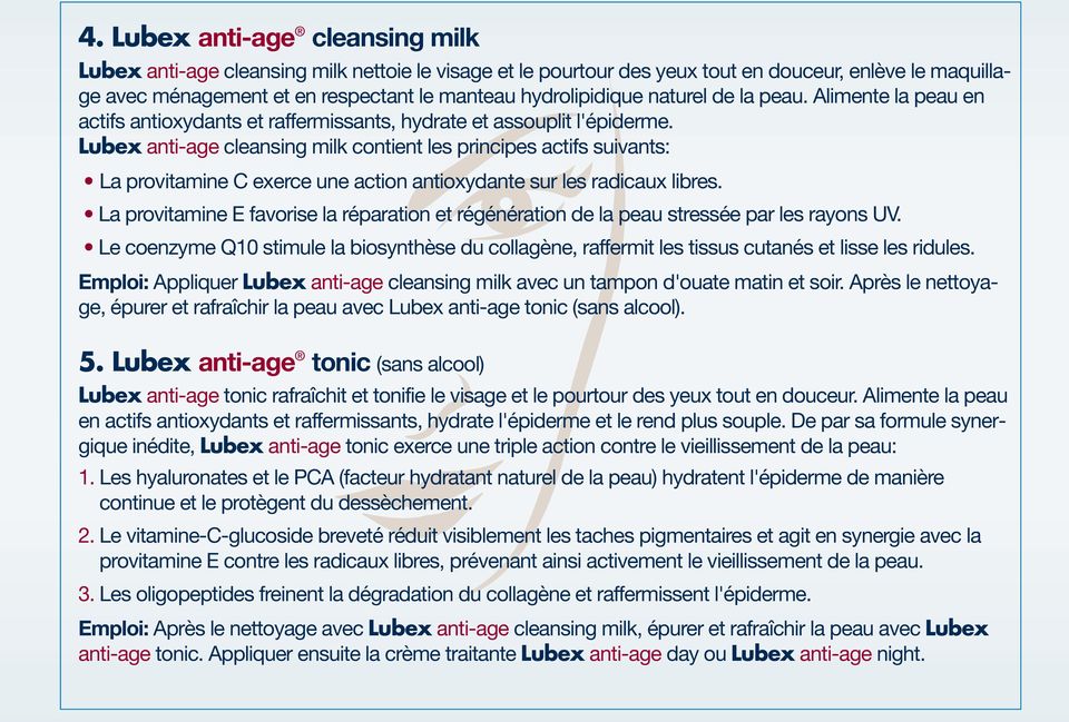 Lubex anti-age cleansing milk contient les principes actifs suivants: La provitamine C exerce une action antioxydante sur les radicaux libres.