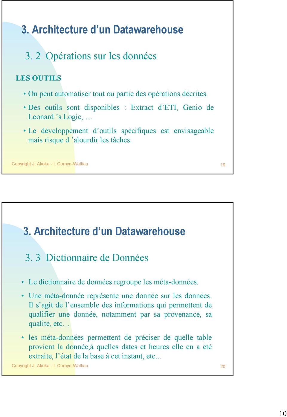 Comyn-Wattiau 19 3. 3 Dictionnaire de Données Le dictionnaire de données regroupe les méta-données. Une méta-donnée représente une donnée sur les données.