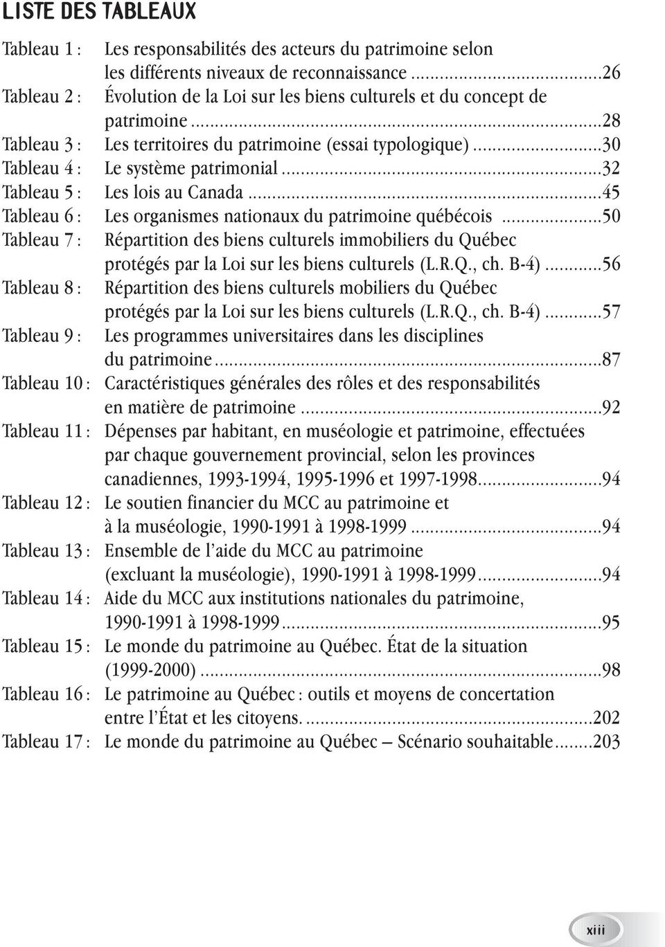 ..32 Tableau 5 : Les lois au Canada...45 Tableau 6 : Les organismes nationaux du patrimoine québécois.