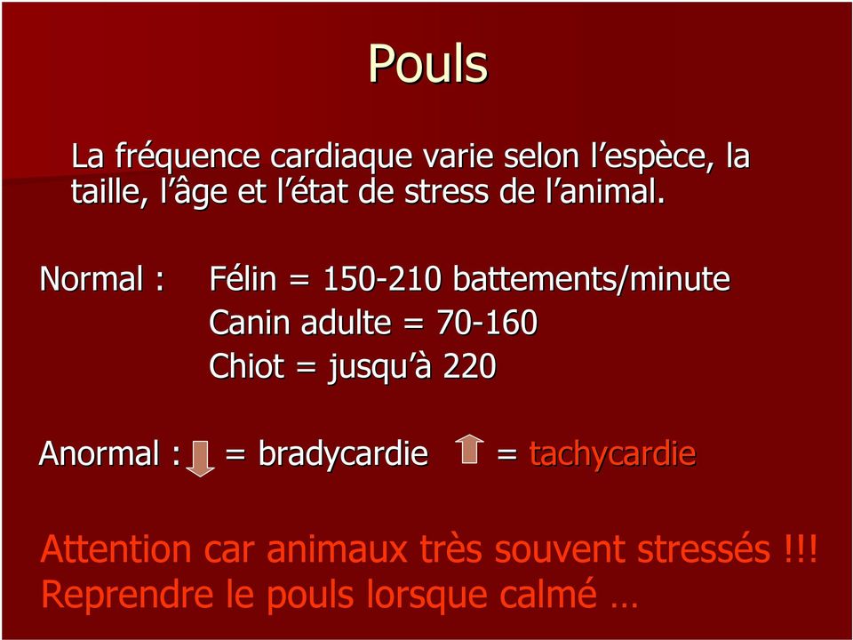 Normal : Félin = 150-210 battements/minute Canin adulte = 70-160 Chiot =