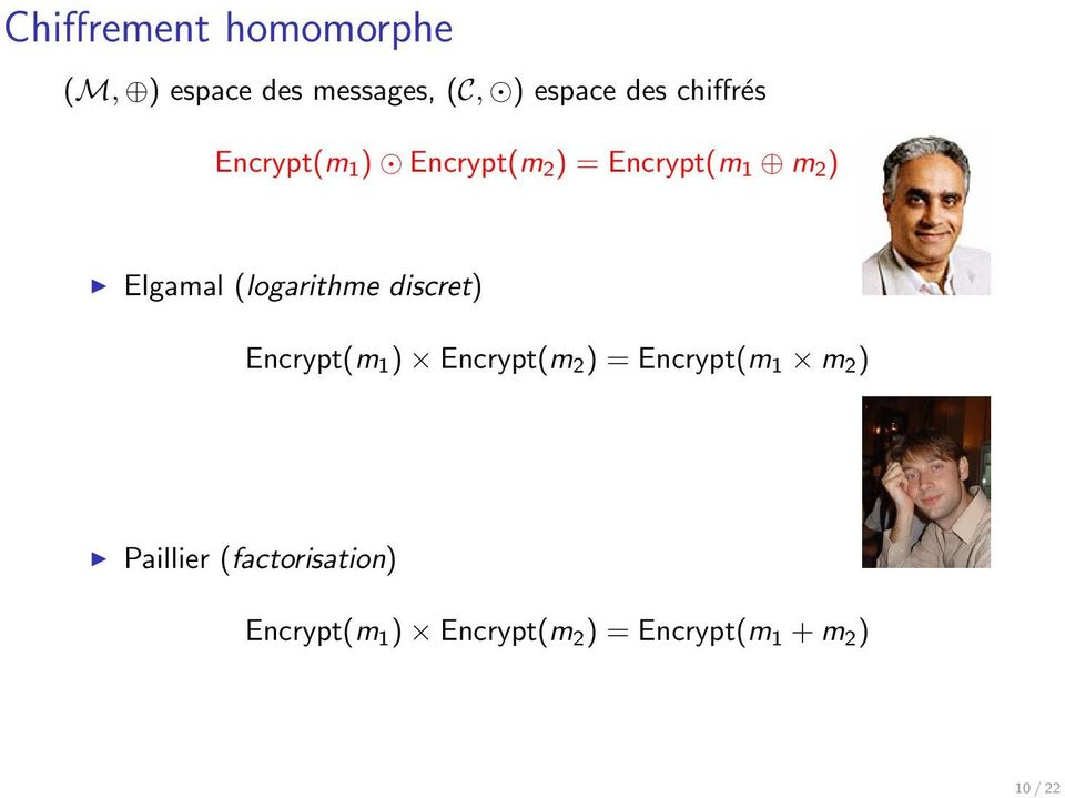 (logarithme discret) Encrypt(m 1 ) Encrypt(m 2 ) = Encrypt(m 1 m 2 )