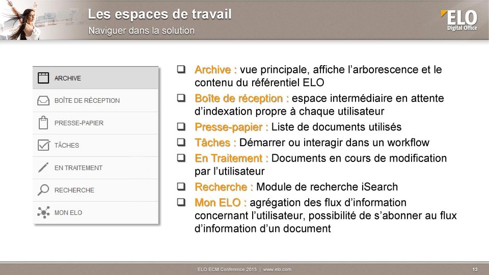 Démarrer ou interagir dans un workflow En Traitement : Documents en cours de modification par l utilisateur Recherche : Module de recherche