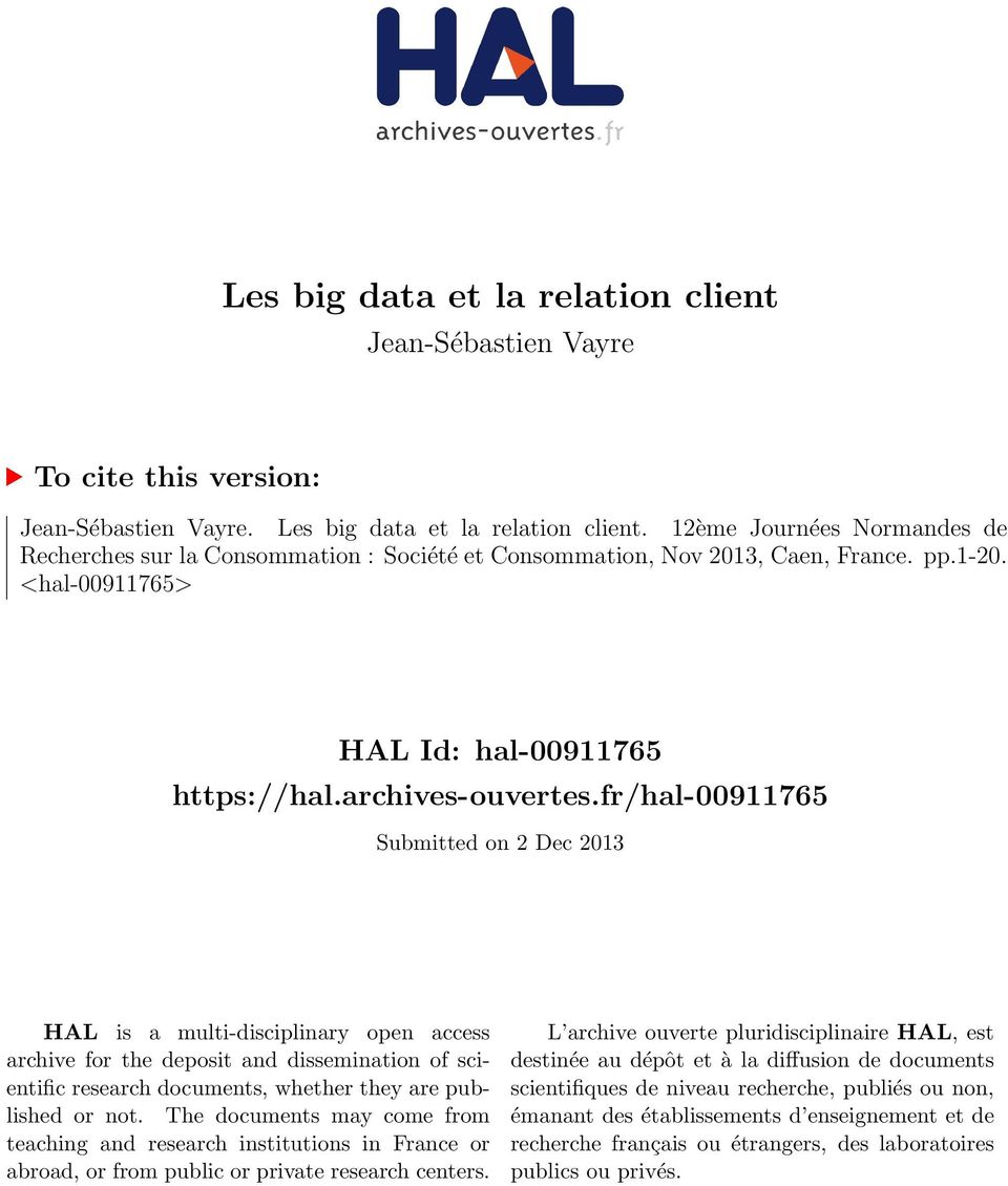 fr/hal-00911765 Submitted on 2 Dec 2013 HAL is a multi-disciplinary open access archive for the deposit and dissemination of scientific research documents, whether they are published or not.