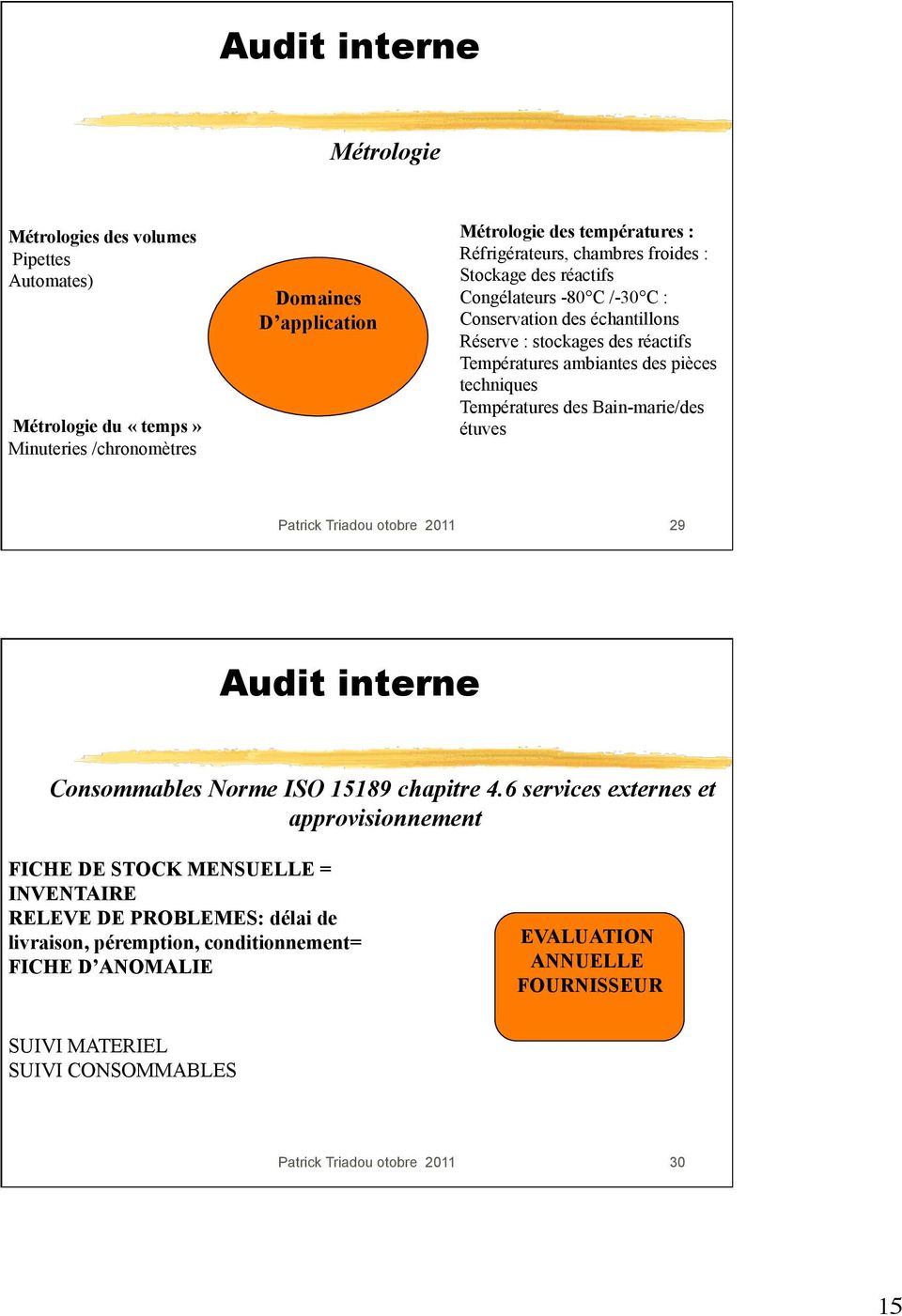 des Bain-marie/des étuves Patrick Triadou otobre 2011 29 Consommables Norme ISO 15189 chapitre 4.