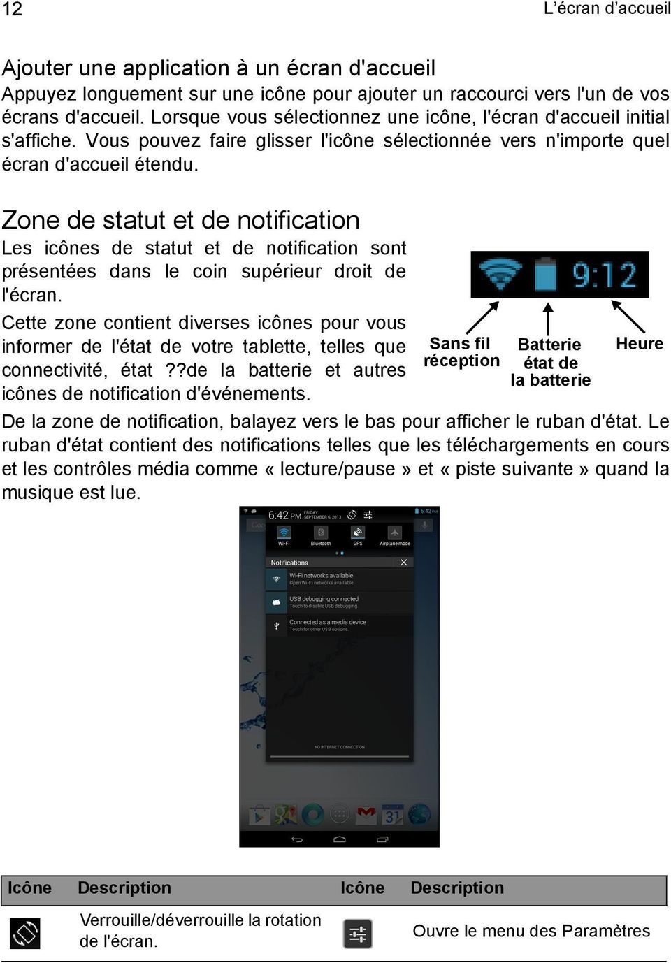 Zone de statut et de notification Les icônes de statut et de notification sont présentées dans le coin supérieur droit de l'écran.