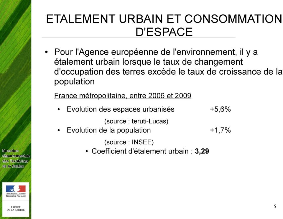 de la population France métropolitaine, entre 2006 et 2009 Evolution des espaces urbanisés +5,6%