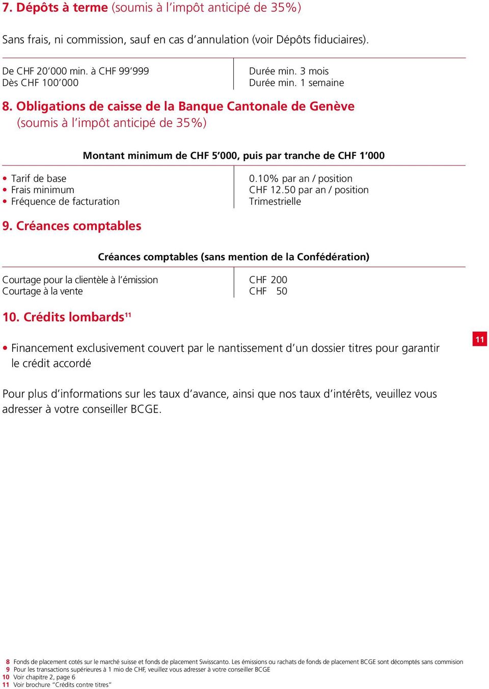 Obligations de caisse de la Banque Cantonale de Genève (soumis à l impôt anticipé de 35%) Montant minimum de CHF 5 000, puis par tranche de CHF 1 000 Tarif de base Frais minimum Fréquence de