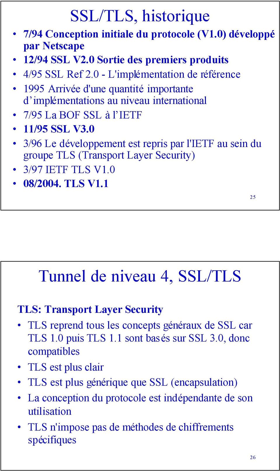 0 3/96 Le développement est repris par l'ietf au sein du groupe TLS (Transport Layer Security) 3/97 IETF TLS V1.
