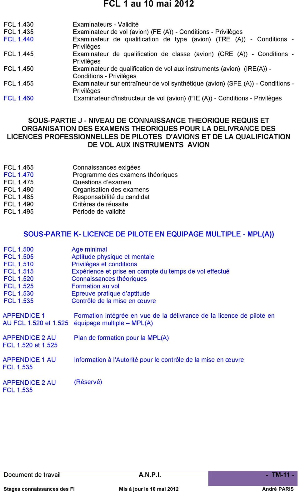450 Examinateur de qualification de vol aux instruments (avion) (IRE(A)) - Conditions - Privilèges FCL 1.