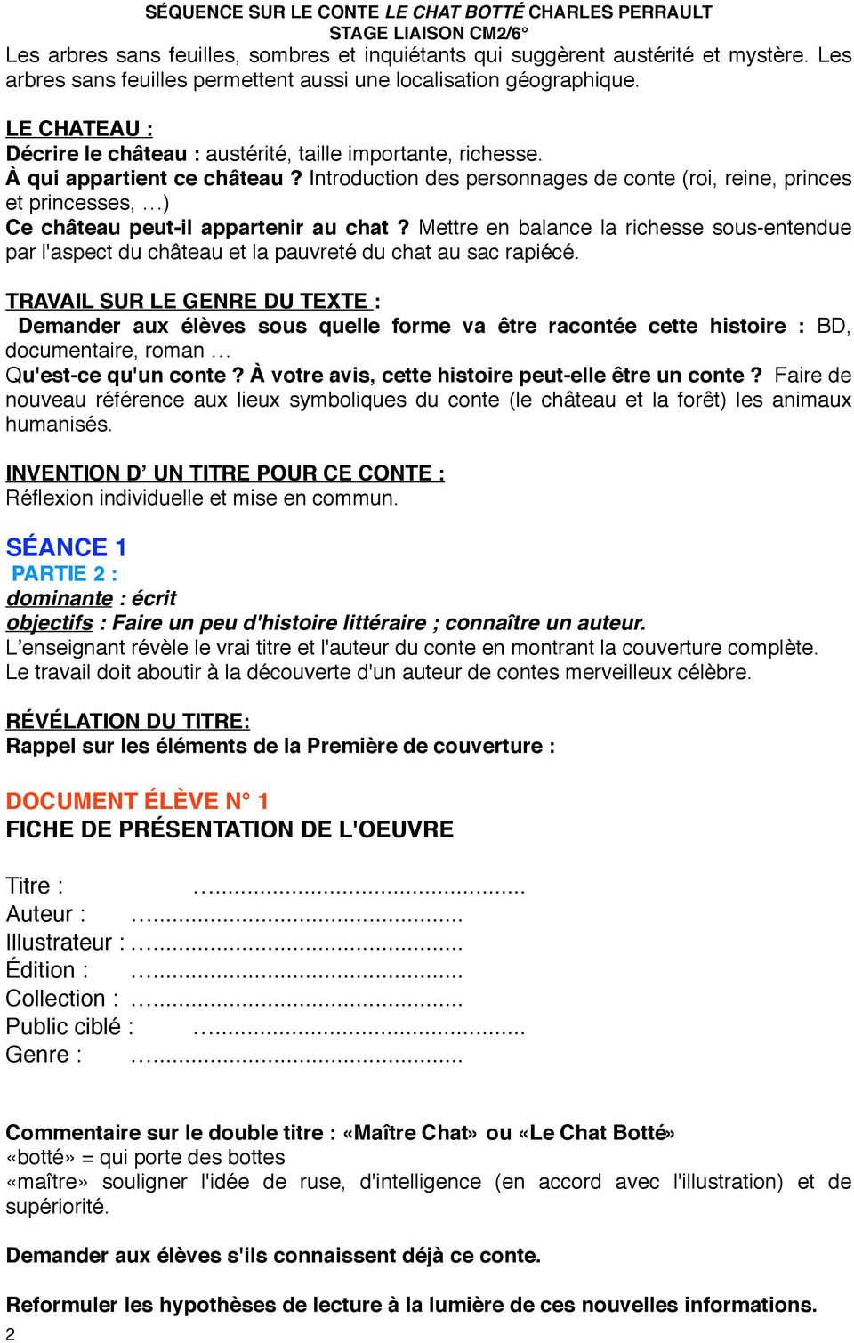 Un Exemple De Sequence Le Conte Merveilleux Le Maitre Chat Ou Le Chat Botte De Charles Perrault Pdf Free Download