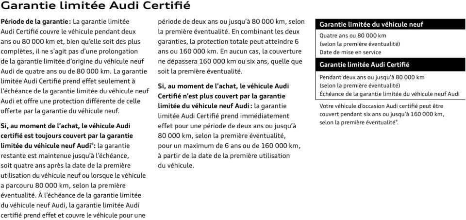 La garantie limitée Audi Certifié prend effet seulement à l échéance de la garantie limitée du véhicule neuf Audi et offre une protection différente de celle offerte par la garantie du véhicule neuf.