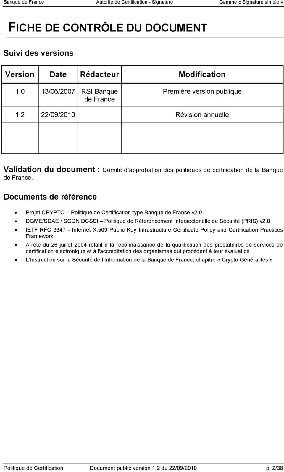 Documents de référence Projet CRYPTO Politique de Certification type Banque de France v2.0 DGME/SDAE / SGDN DCSSI Politique de Référencement Intersectorielle de Sécurité (PRIS) v2.
