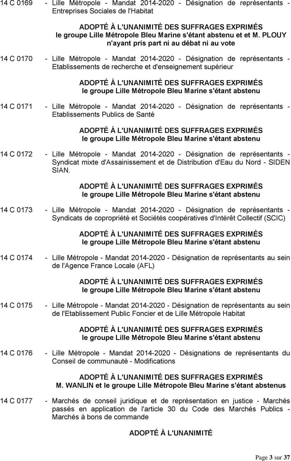 EXPRIMÉS 14 C 0171 - Lille Métropole - Mandat 2014-2020 - Désignation de représentants - Etablissements Publics de Santé DES SUFFRAGES EXPRIMÉS 14 C 0172 - Lille Métropole - Mandat 2014-2020 -