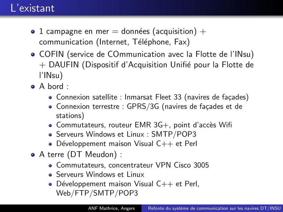 GPRS/3G (navires de façades et de stations) Commutateurs, routeur EMR 3G+, point d accès Wifi Serveurs Windows et Linux : SMTP/POP3 Développement maison