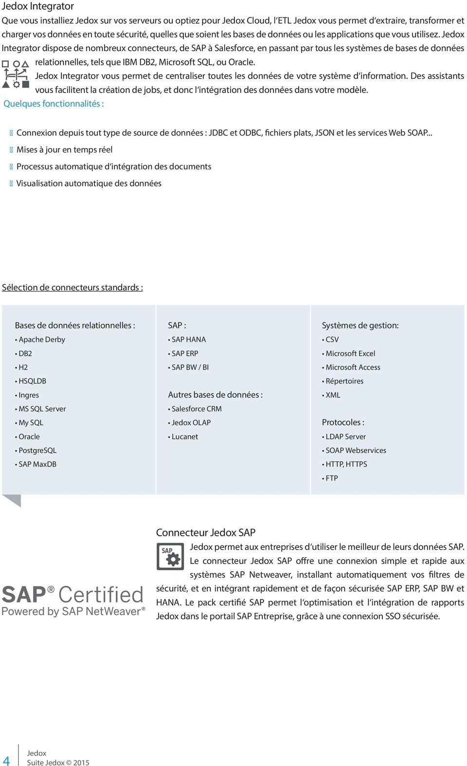Integrator dispose de nombreux connecteurs, de SAP à Salesforce, en passant par tous les systèmes de bases de données relationnelles, tels que IBM DB2, Microsoft SQL, ou Oracle.