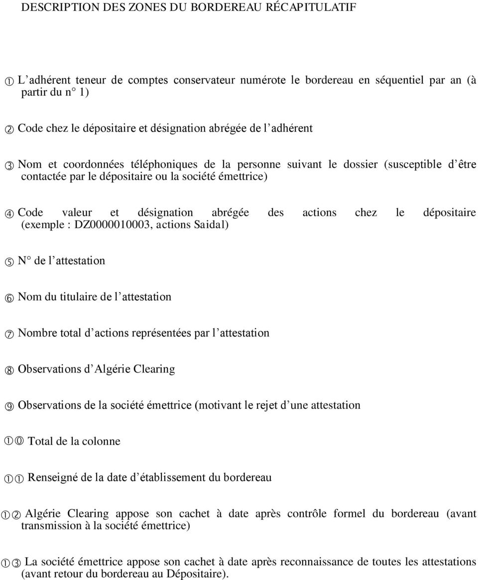 actions chez le dépositaire (exemple : DZ0000010003, actions Saidal) N de l attestation Nom du titulaire de l attestation Nombre total d actions représentées par l attestation Observations d Algérie