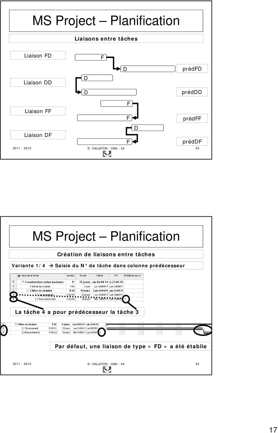 VALLETON - CMA - 04 33 MS Project Planification Création de liaisons entre tâches Variante /4