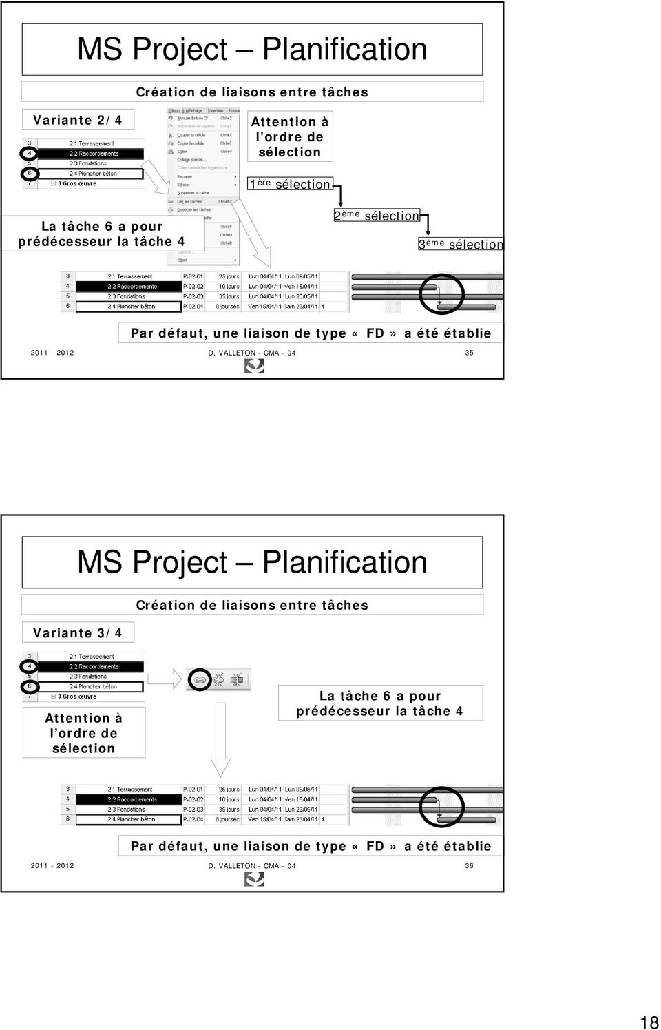 VALLETON - CMA - 04 35 MS Project Planification Variante 3/4 Création de liaisons entre tâches Attention à l ordre de