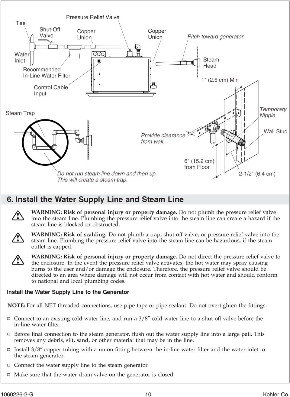 Install the Water Supply Line and Steam Line WARNING: Risk of personal injury or property damage. Do not plumb the pressure relief valve into the steam line.