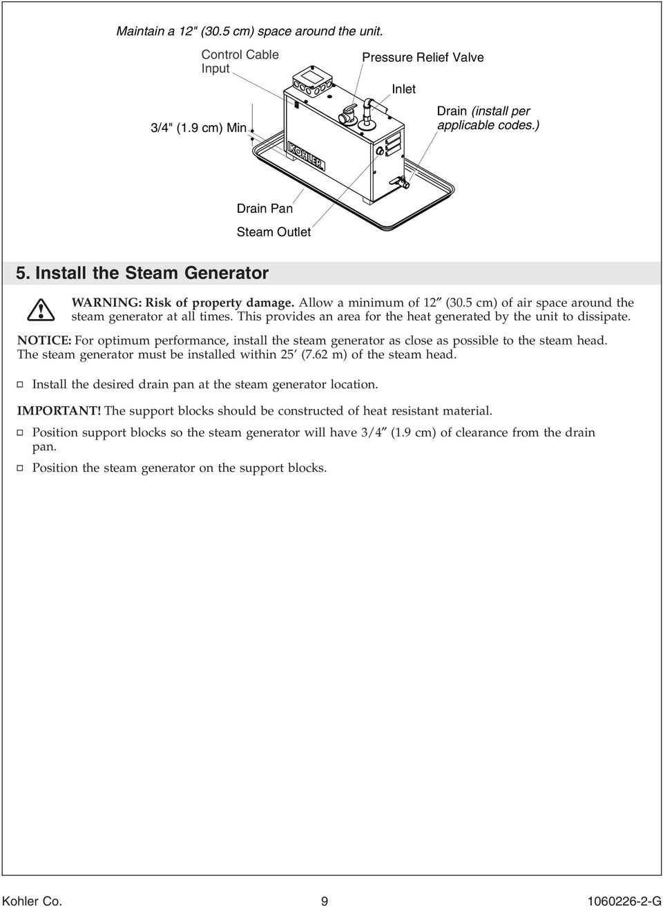 This provides an area for the heat generated by the unit to dissipate. NOTICE: For optimum performance, install the steam generator as close as possible to the steam head.