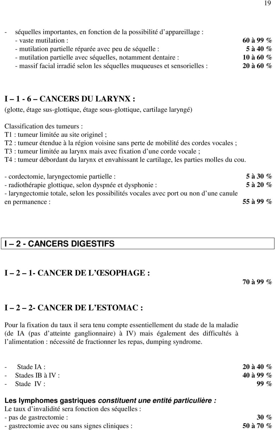 sous-glottique, cartilage laryngé) Classification des tumeurs : T1 : tumeur limitée au site originel ; T2 : tumeur étendue à la région voisine sans perte de mobilité des cordes vocales ; T3 : tumeur