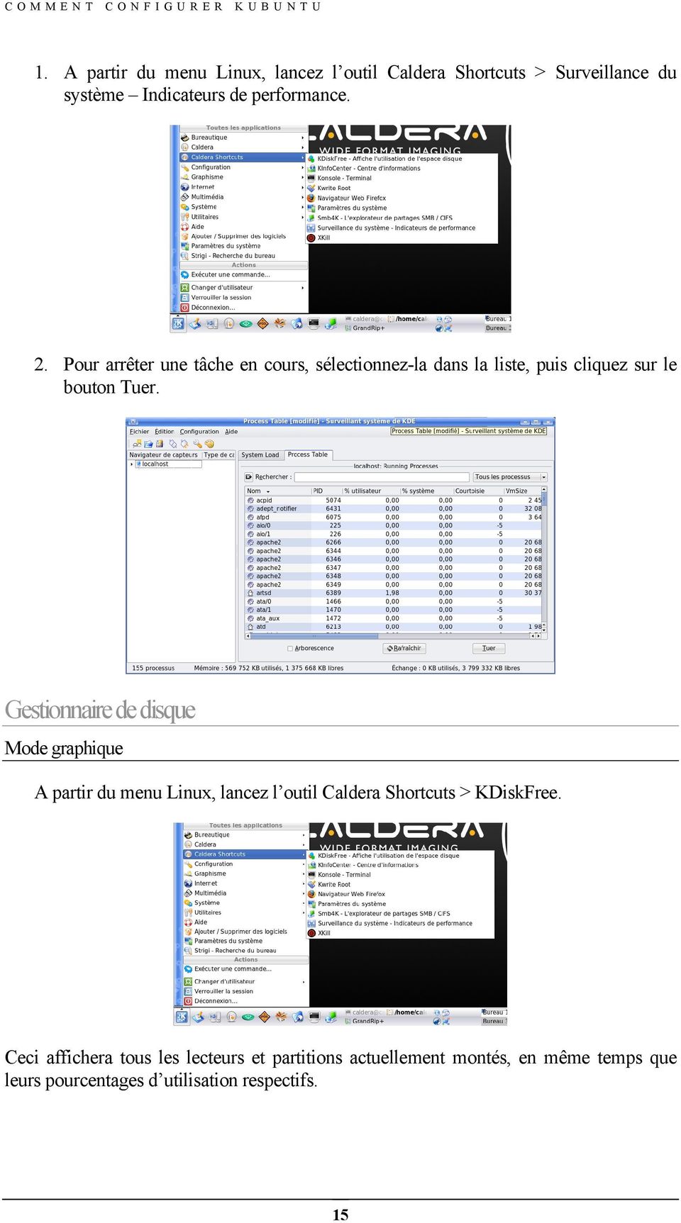 Gestionnaire de disque Mode graphique A partir du menu Linux, lancez l outil Caldera Shortcuts > KDiskFree.