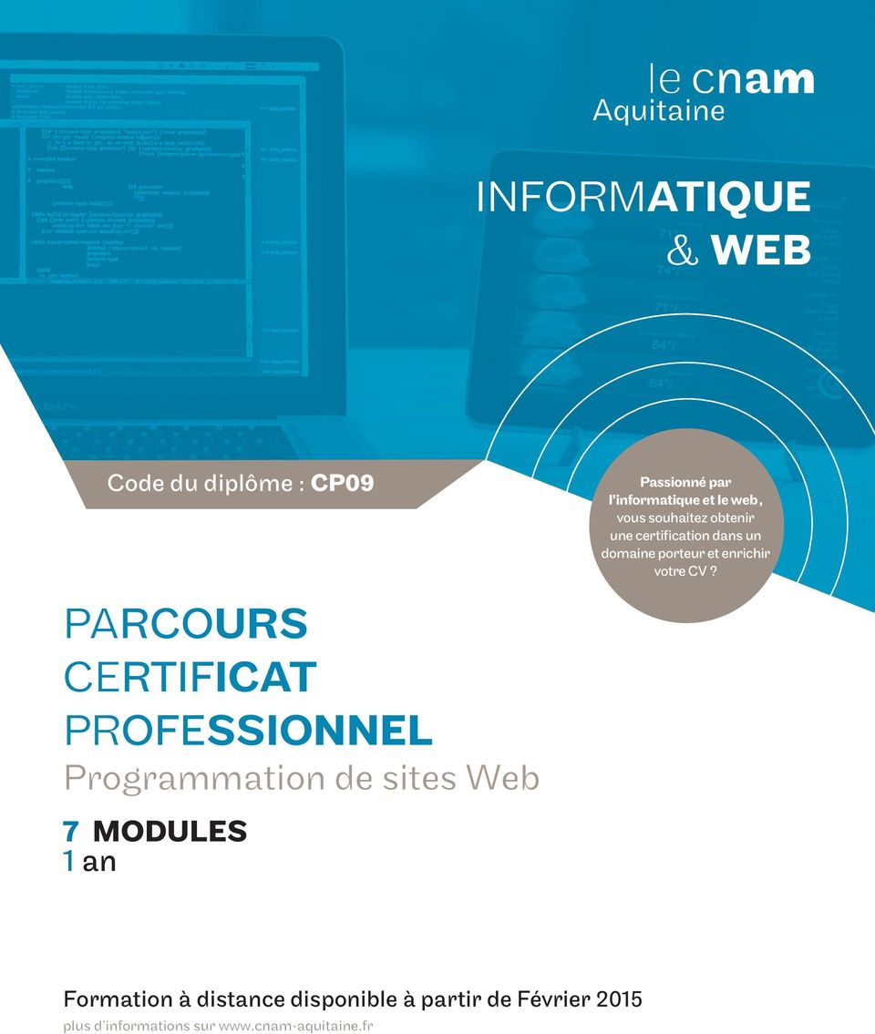 PARCOURS CERTIFICAT PROFESSIONNEL Programmation de sites Web 7 MODULES 1 an Formation