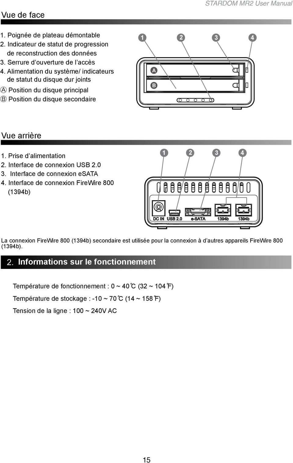 Prise dalimentation 2. Interface de connexion USB 2.0 3. Interface de connexion esata 4.