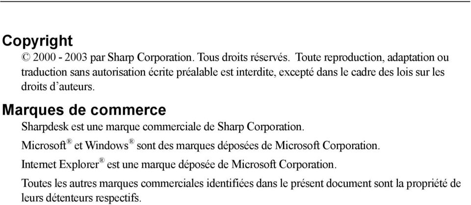 Marques de commerce Sharpdesk est une marque commerciale de Sharp Corporation. Microsoft et Windows sont des marques déposées de Microsoft Corporation.