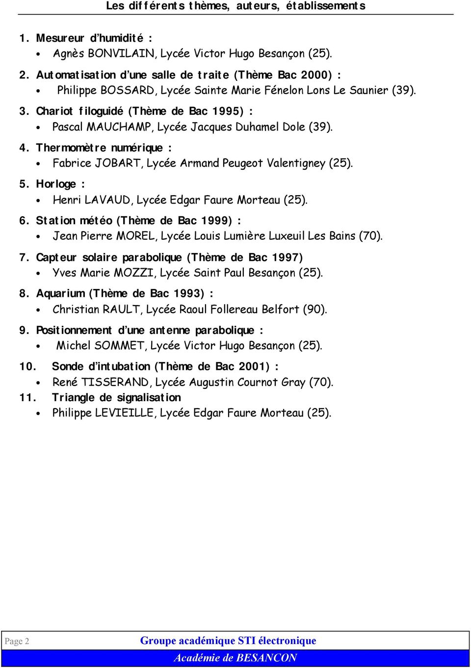 Chariot filoguidé (Thème de Bac 1995) : ascal MAUCHAM, Lycée Jacques Duhamel Dole (39). 4. Thermomètre numérique : Fabrice JOBART, Lycée Armand eugeot Valentigney (25). 5.