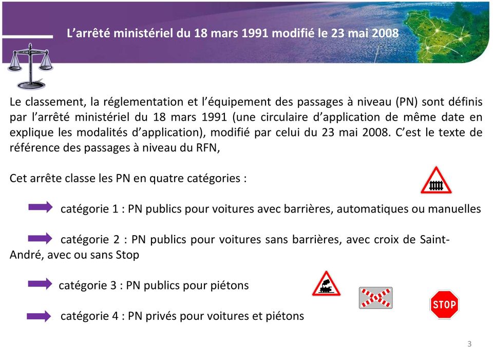 C est le texte de référence des passages à niveau du RFN, Cet arrête classe les PN en quatre catégories : catégorie 1 : PN publics pour voitures avec barrières,