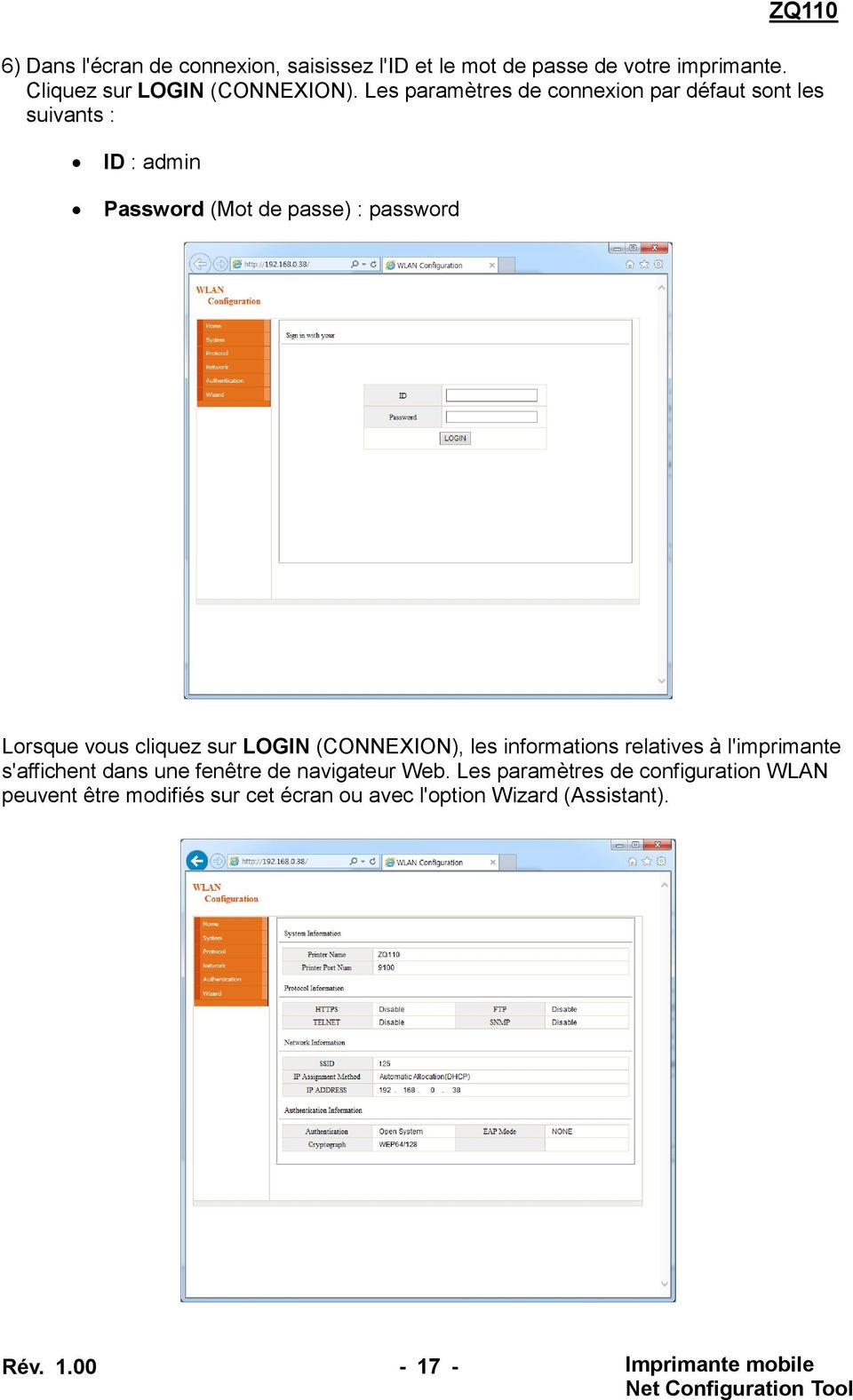 cliquez sur LOGIN (CONNEXION), les informations relatives à l'imprimante s'affichent dans une fenêtre de navigateur Web.