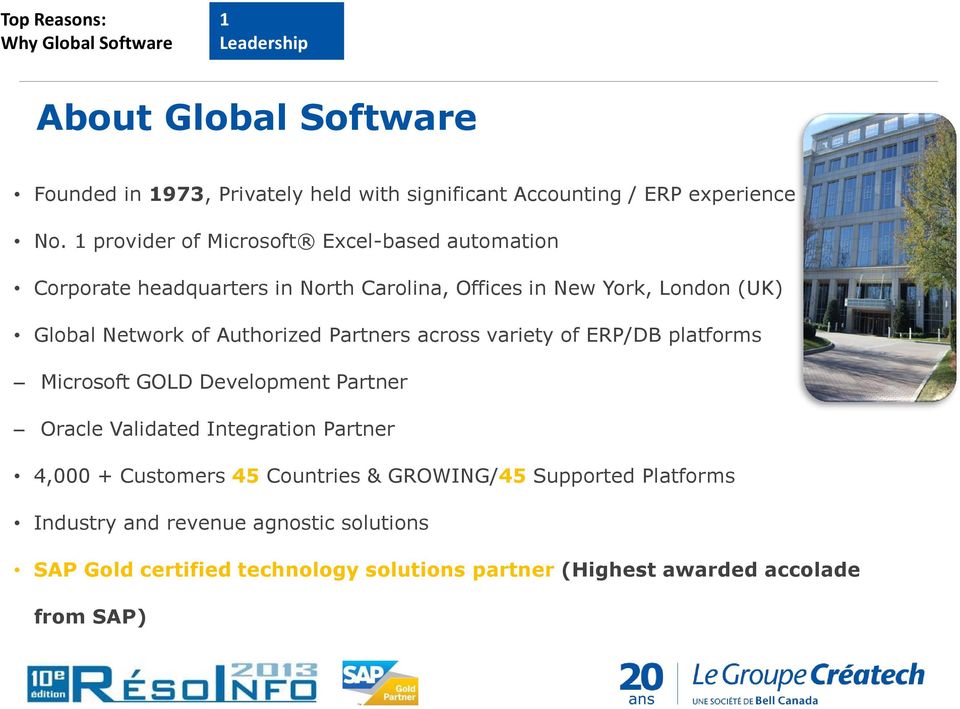 Partners across variety of ERP/DB platforms Microsoft GOLD Development Partner Oracle Validated Integration Partner 4,000 + Customers 45 Countries &