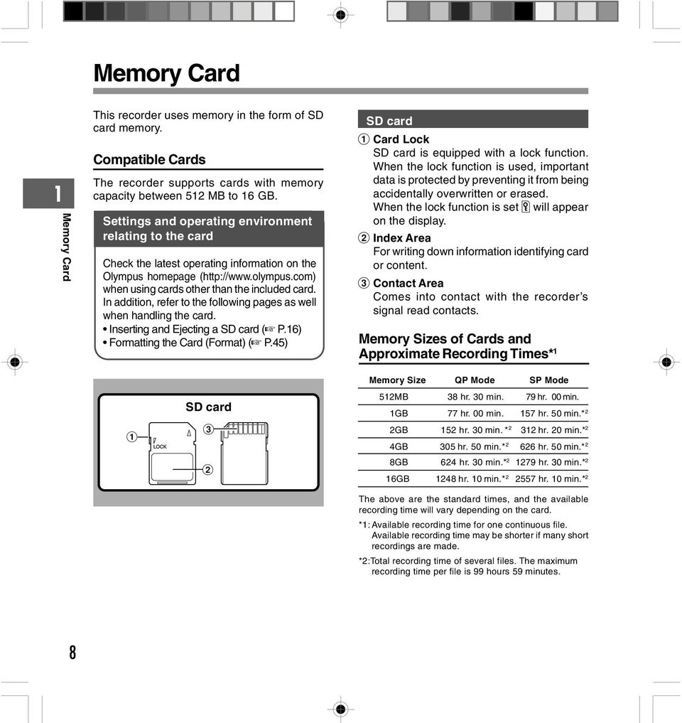 In addition, refer to the following pages as well when handling the card. Inserting and Ejecting a SD card ( P.6) Formatting the Card (Format) ( P.