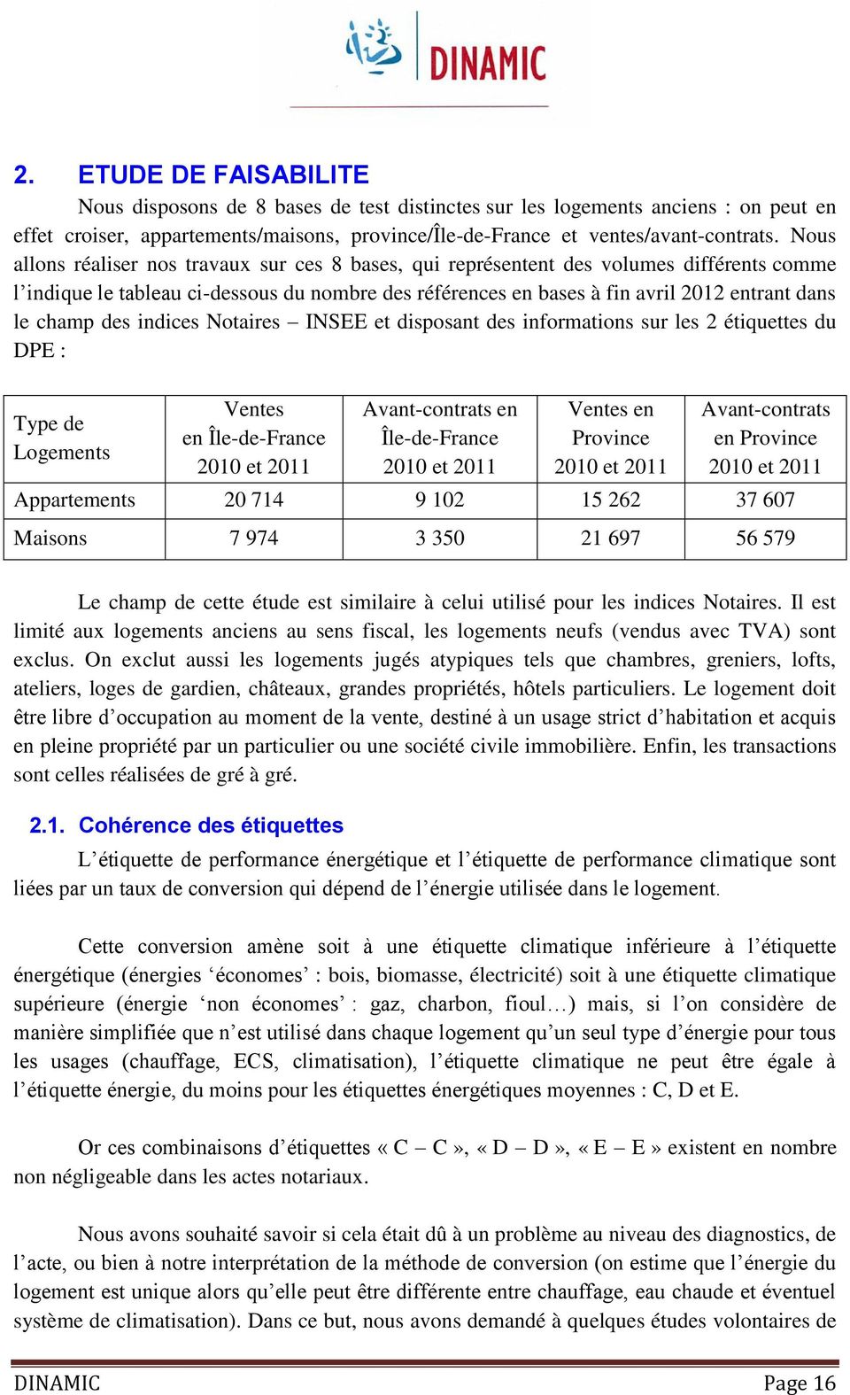 champ des indices Notaires INSEE et disposant des informations sur les 2 étiquettes du DPE : Type de Logements Ventes en Île-de-France 2010 et 2011 Avant-contrats en Île-de-France 2010 et 2011 Ventes