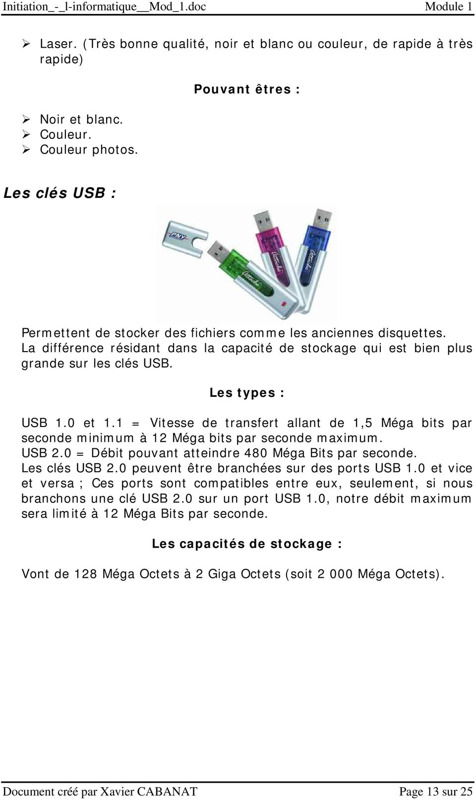 Les types : USB 1.0 et 1.1 = Vitesse de transfert allant de 1,5 Méga bits par seconde minimum à 12 Méga bits par seconde maximum. USB 2.0 = Débit pouvant atteindre 480 Méga Bits par seconde.