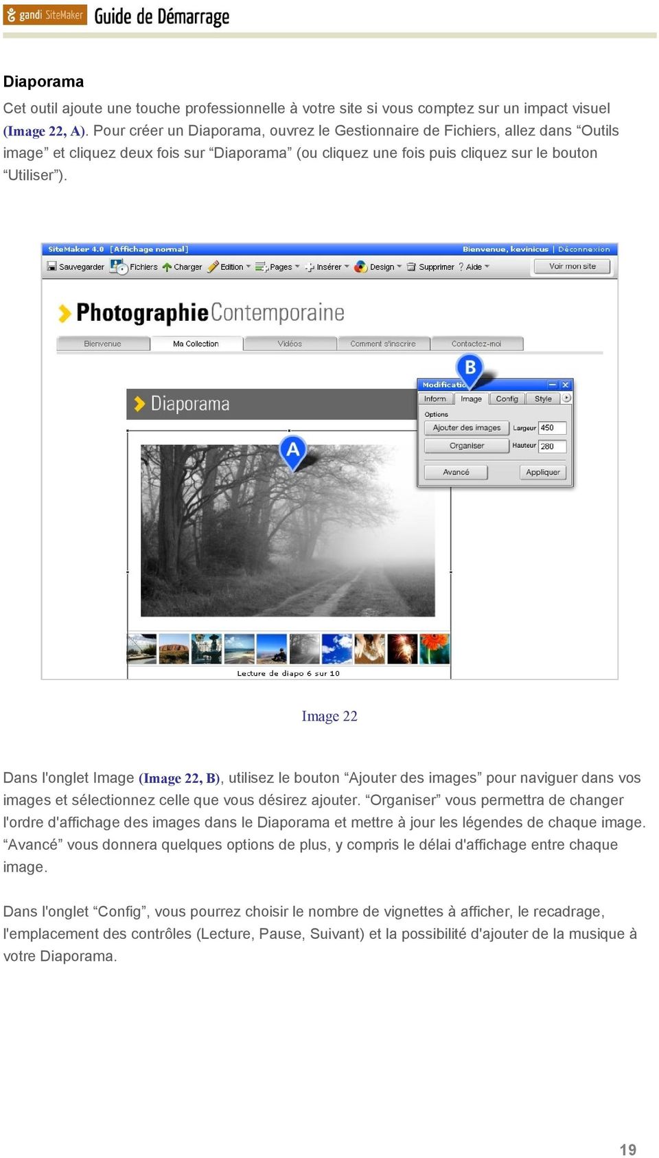 Image 22 Dans l'onglet Image (Image 22, B), utilisez le bouton Ajouter des images pour naviguer dans vos images et sélectionnez celle que vous désirez ajouter.