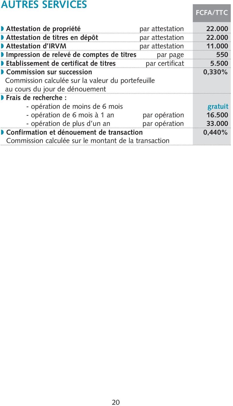 500 Commission sur succession 0,330% Commission calculée sur la valeur du portefeuille au cours du jour de dénouement Frais de recherche : - opération de moins