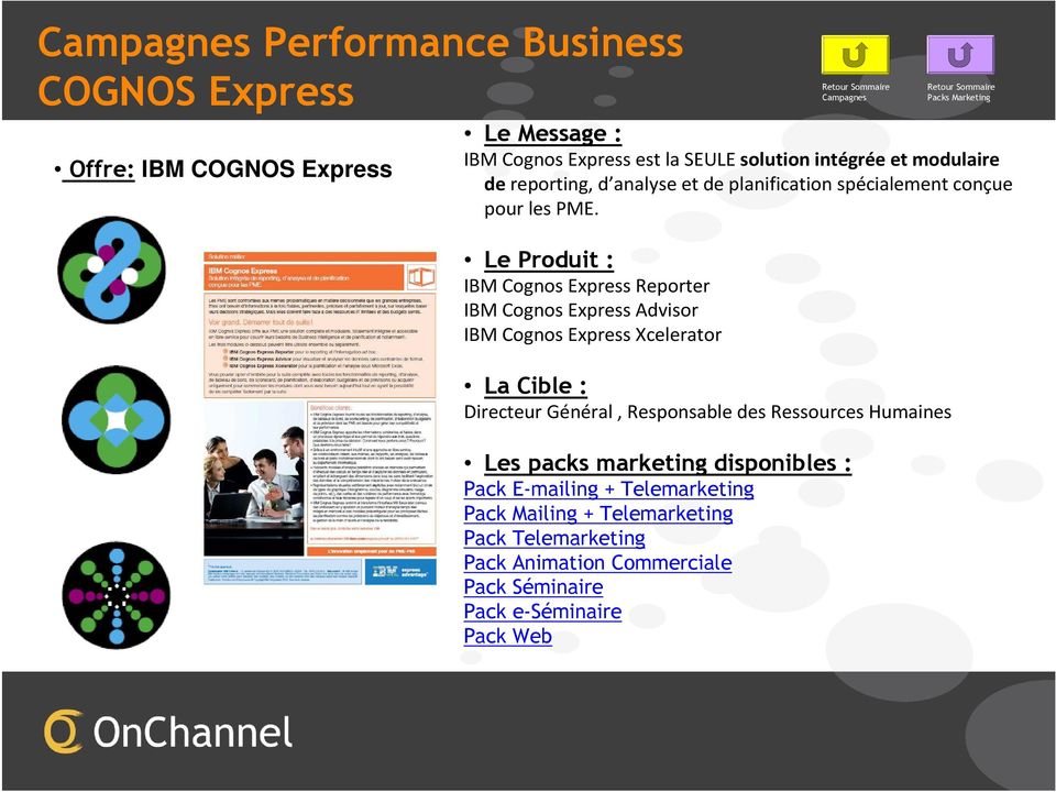 Le Produit : IBM Cognos Express Reporter IBM Cognos Express Advisor IBM Cognos Express Xcelerator La Cible : Directeur Général, Responsable