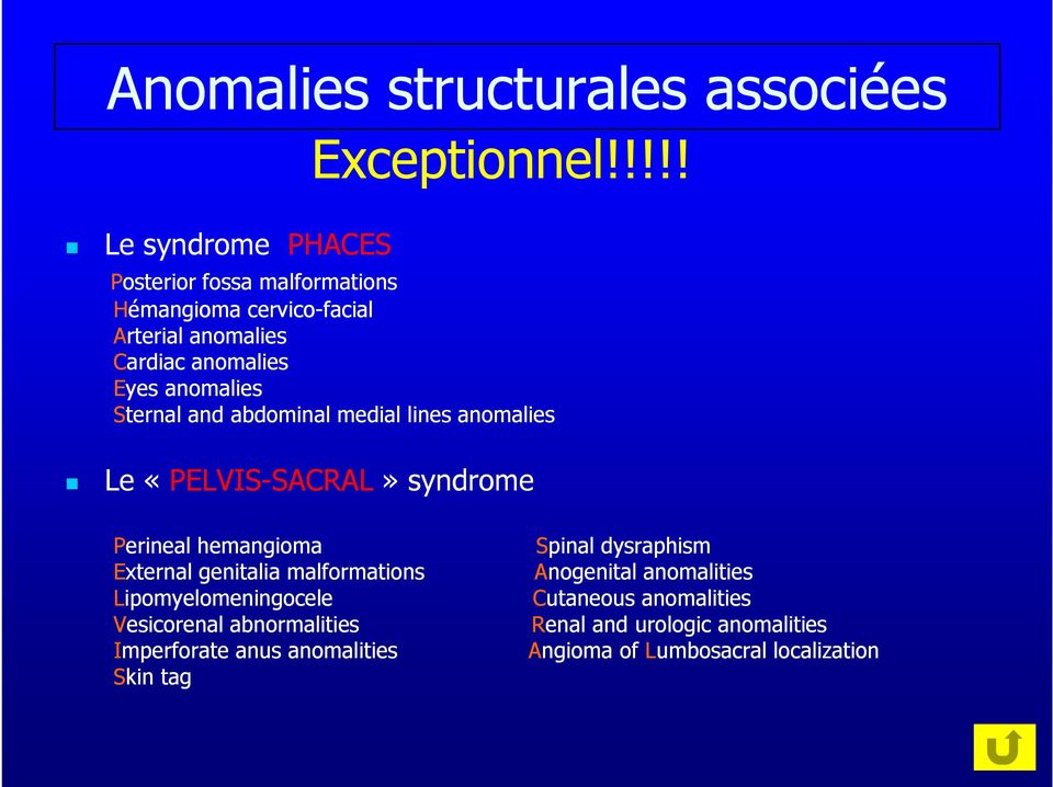 abdominal medial lines anomalies Le «PELVIS-SACRALSACRAL» syndrome Perineal hemangioma Spinal dysraphism External genitalia