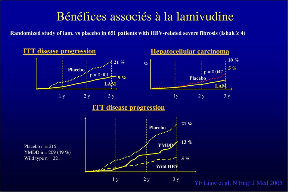 Placebo p = 0.001 9 % LAM 1 y 2 y 3 y % Hepatocellular carcinoma 10 % p = 0.