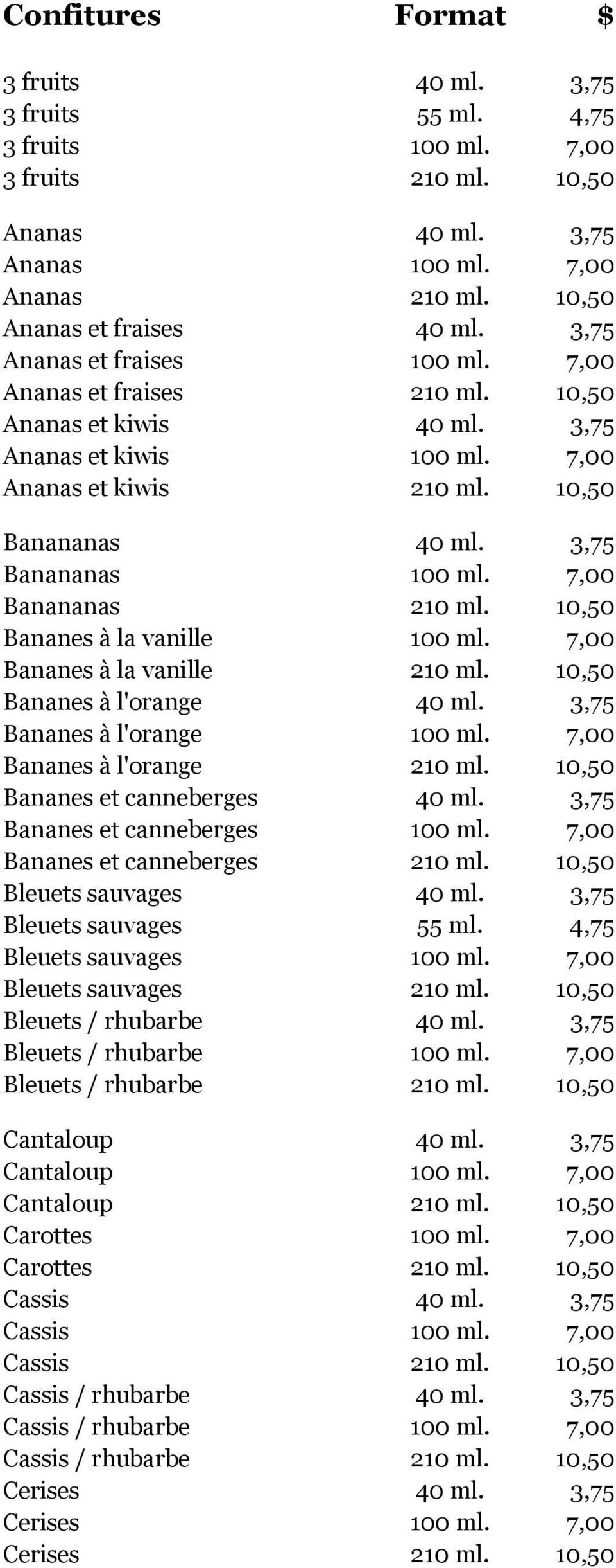 7,00 Banananas 210 ml. 10,50 Bananes à la vanille 100 ml. 7,00 Bananes à la vanille 210 ml. 10,50 Bananes à l'orange 40 ml. 3,75 Bananes à l'orange 100 ml. 7,00 Bananes à l'orange 210 ml.