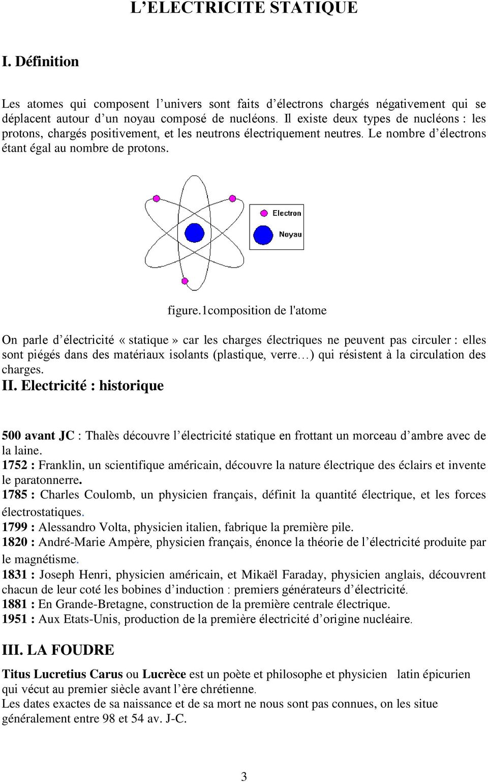 1composition de l'atome On parle d électricité «statique» car les charges électriques ne peuvent pas circuler : elles sont piégés dans des matériaux isolants (plastique, verre ) qui résistent à la
