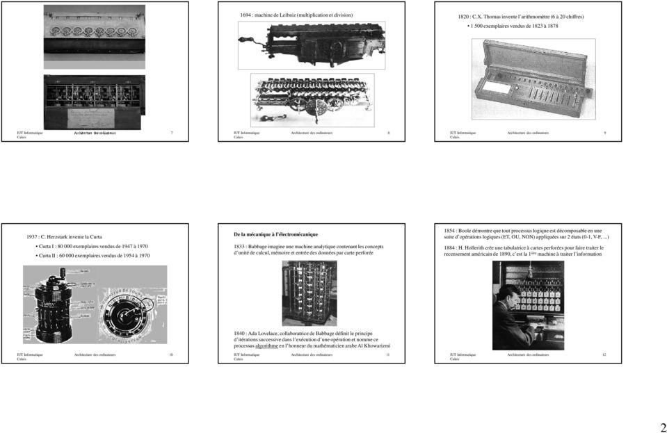 Herzstark invente la Curta Curta I : 80 000 exemplaires vendus de 1947 à 1970 Curta II : 60 000 exemplaires vendus de 1954 à 1970 De la mécanique à l électromécanique 1833 : Babbage imagine une