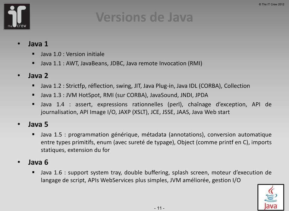 4 : assert, expressions rationnelles (perl), chaînage d exception, API de journalisation, API Image I/O, JAXP (XSLT), JCE, JSSE, JAAS, Java Web start Java 5 Java 1.