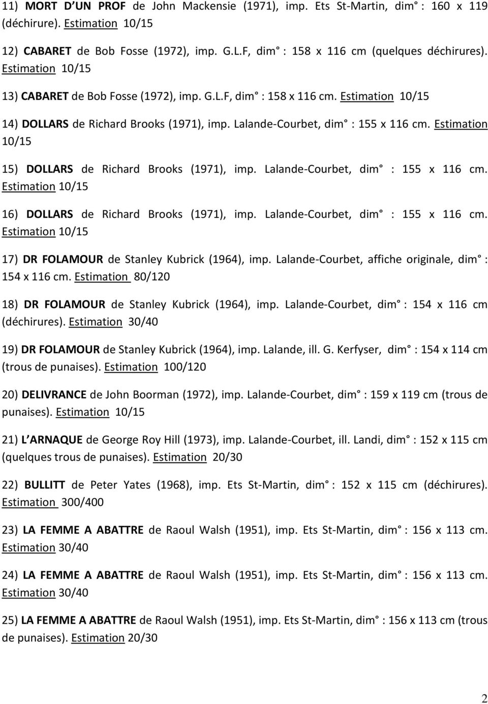 Estimation 10/15 15) DOLLARS de Richard Brooks (1971), imp. Lalande-Courbet, dim : 155 x 116 cm. 16) DOLLARS de Richard Brooks (1971), imp. Lalande-Courbet, dim : 155 x 116 cm. 17) DR FOLAMOUR de Stanley Kubrick (1964), imp.