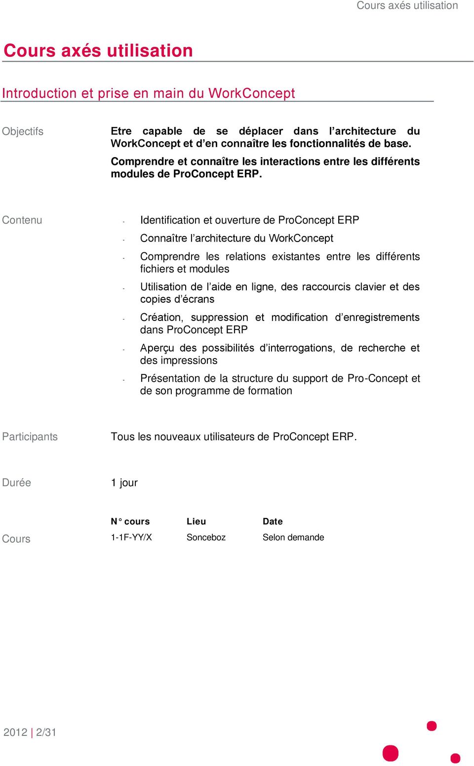 Contenu - Identification et ouverture de ProConcept ERP - Connaître l architecture du WorkConcept - Comprendre les relations existantes entre les différents fichiers et modules - Utilisation de l