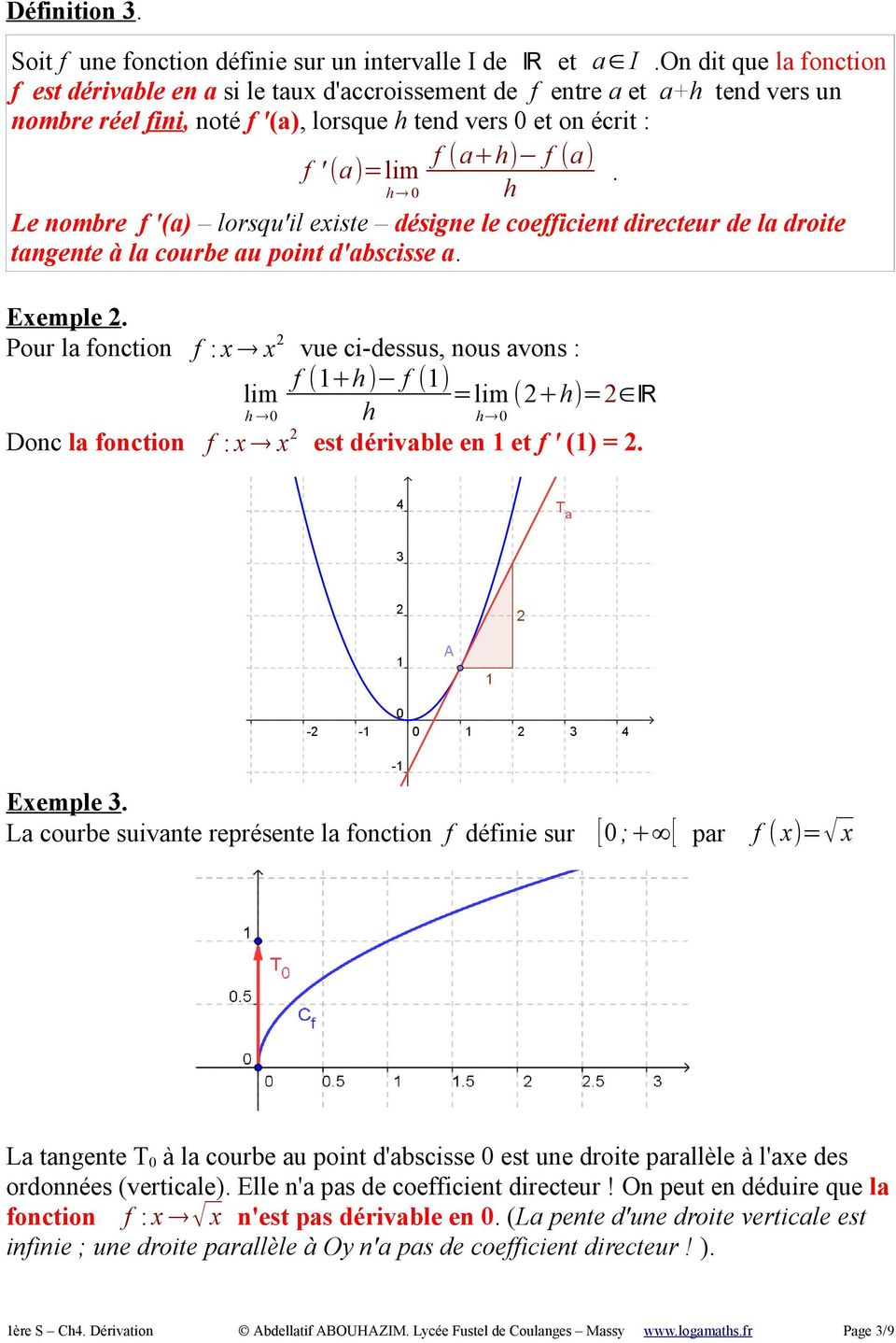 0 Le nombre f '(a) lorsqu'il existe désigne le coefficient directeur de la droite tangente à la courbe au point d'abscisse a. Exemple 2.