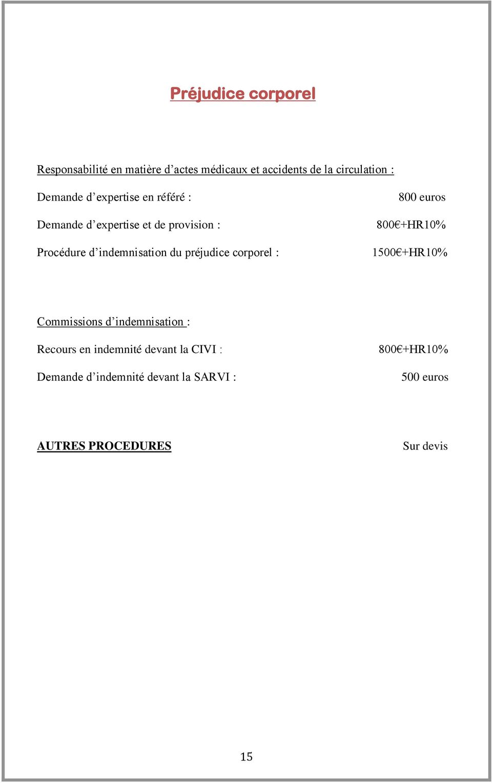 indemnisation du préjudice corporel : 800 euros 800 +HR10% 1500 +HR10% Commissions d