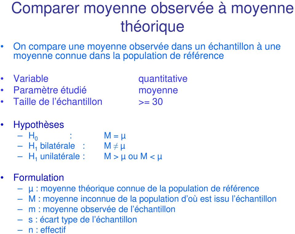 bilatérale : M µ H 1 unilatérale : M > µ ou M < µ Formulation µ : moyenne théorique connue de la population de référence M :